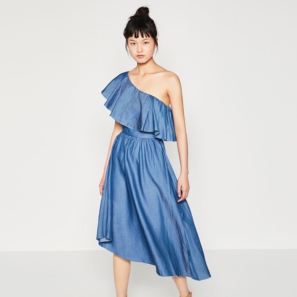 Zara Dresses & Skirts - Zara authentic blue denim asymmetric flowy dress